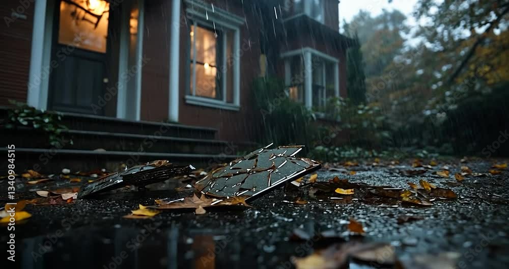Rainy autumn day, low angle view of wet leaves and a reflective surface near a brick house with illuminated windows. Dark and moody atmosphere Rainy autumn day, low angle view of wet leaves and a reflective surface near a brick house with illuminated windows. Dark and moody atmosphere