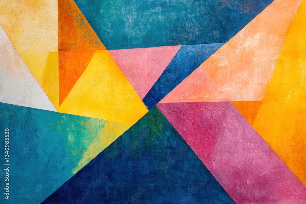 Fototapeta premium Vibrant abstract composition featuring triangles in shades of yellow, pink, teal, and blue, evoking a dynamic and energetic atmosphere perfect for modern decor