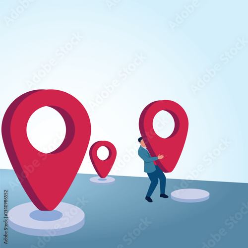 A man carrying a location pin towards a destination. A metaphorical illustration for business expansion, franchise development and expanding business.