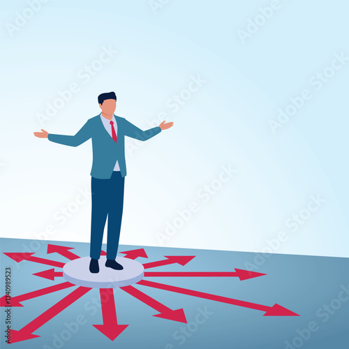 A man stands and arrows fly in all directions. A metaphorical illustration for business expansion, franchise development and expanding business.