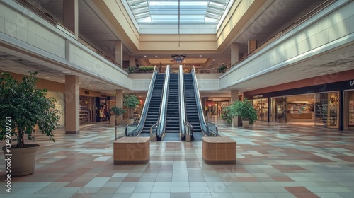 Spacious shopping center with no people, showcasing escalators and contemporary architecture 