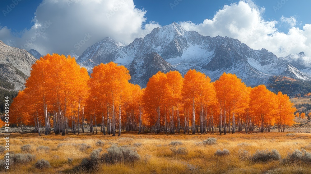 Fototapeta premium Vibrant orange aspen trees in autumnal meadow with snow-capped mountains and blue sky.