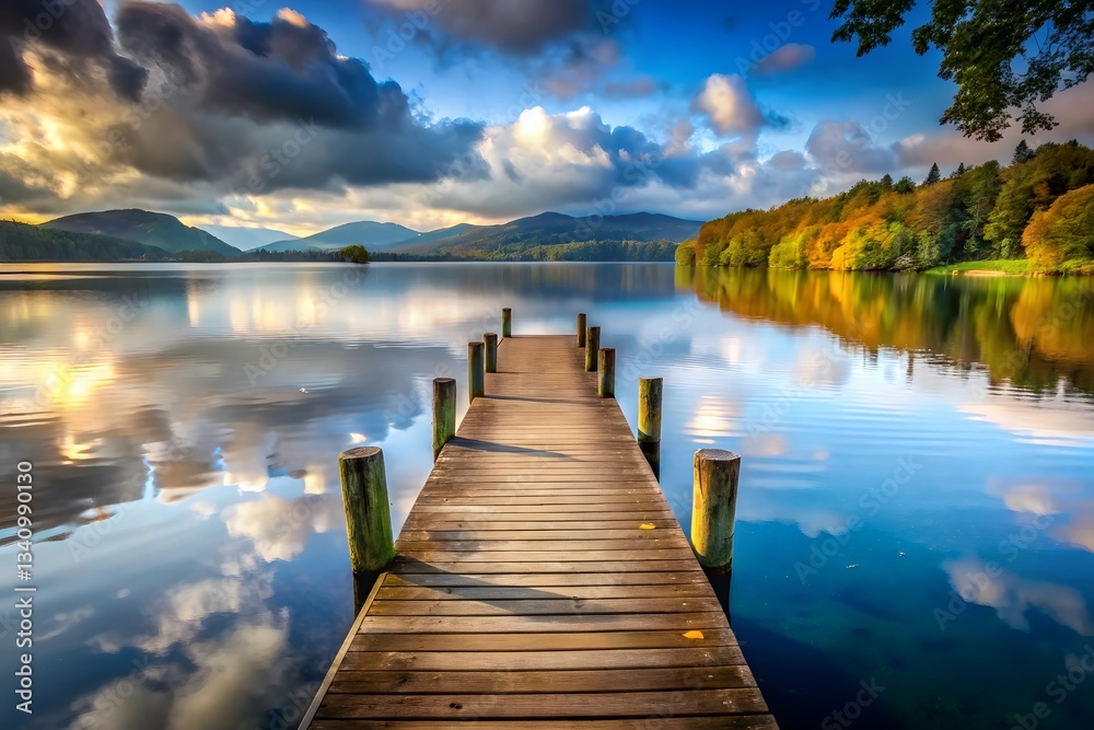 Fototapeta premium Tranquil sunset over a calm lake with a wooden pier and reflection of mountains and sky