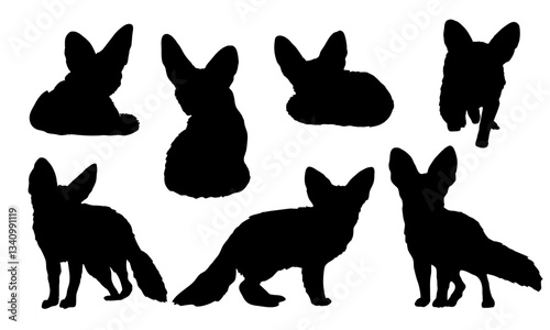 Set of silhouettes of realistic fennec foxes. Fennec foxes lie, sit and walk. Vector animal