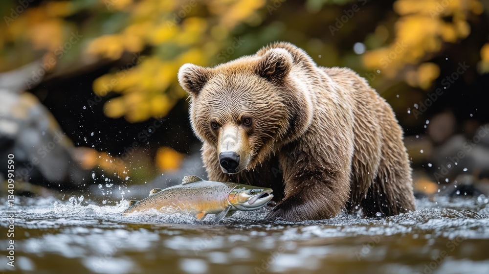 Fototapeta premium Grizzly bear catching salmon in a river during autumn.