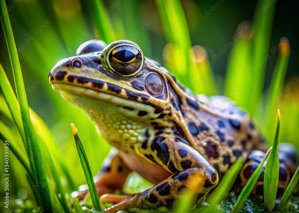 Fototapeta premium Black Spotted Pond Frog in Lush Green Grass - High-Resolution Stock Photo