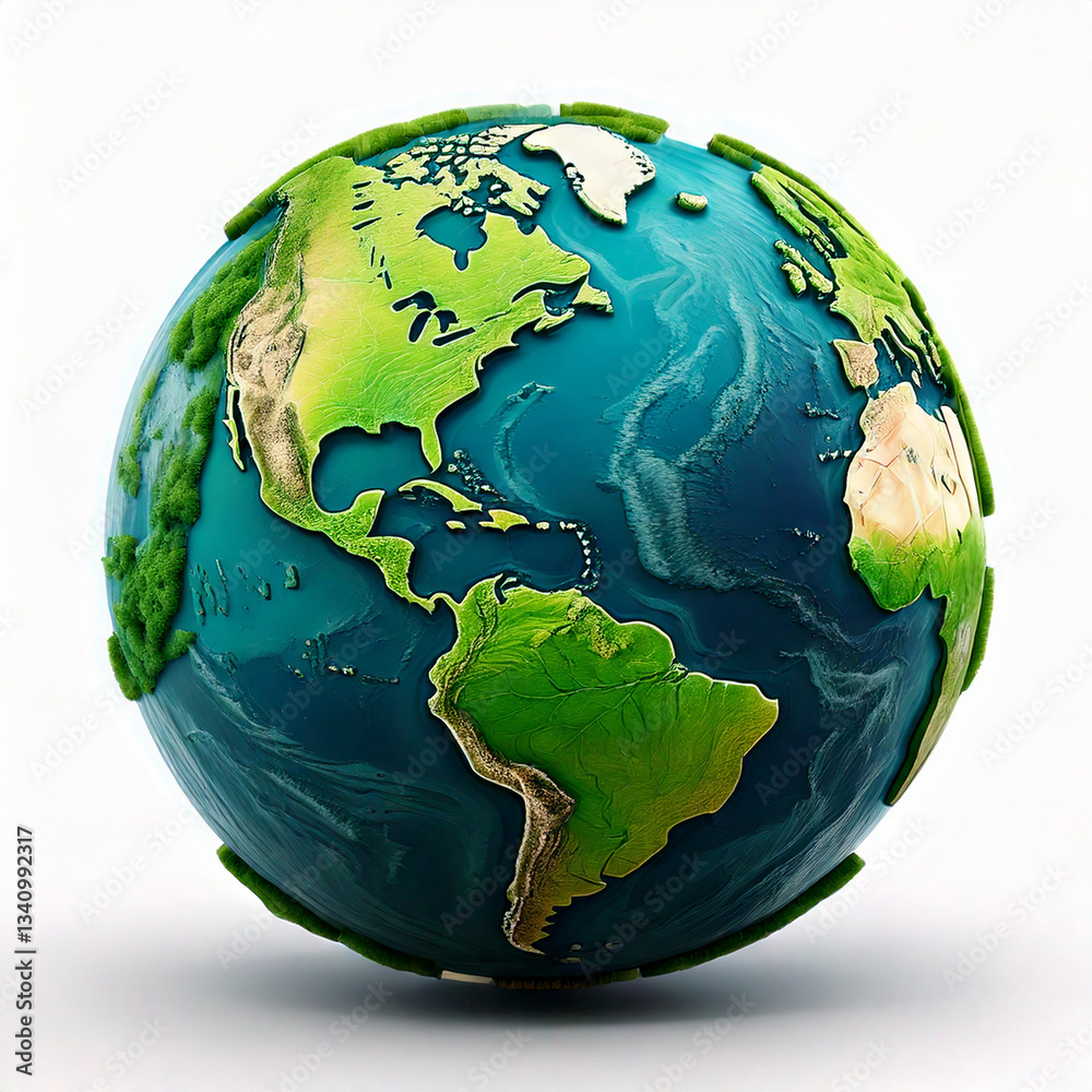 3D effect Earth planet render icon. Green recycle environment sphere for school education