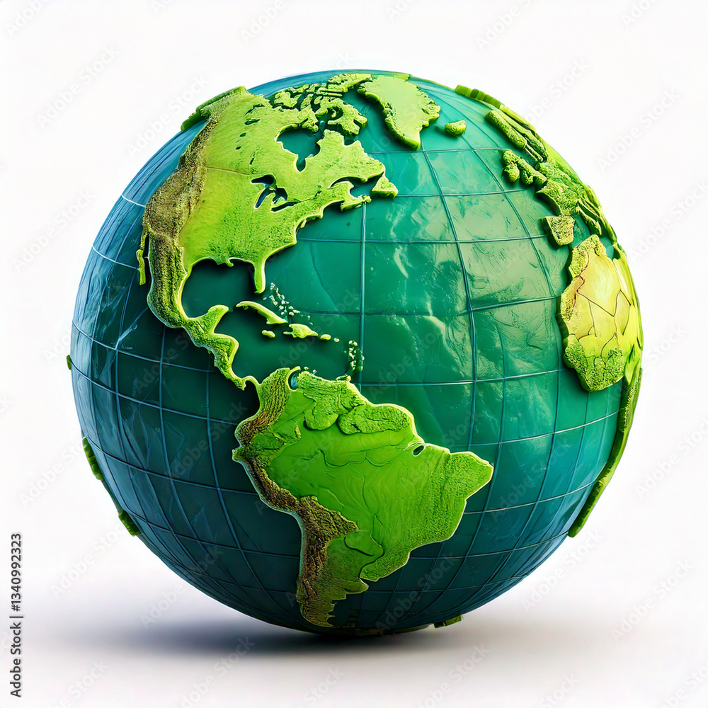 3D effect Earth planet render icon. Green recycle environment sphere for school education