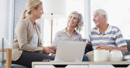 Foto Elderly couple, happy or financial advisor with documents for retirement plan, annuity or insurance in home