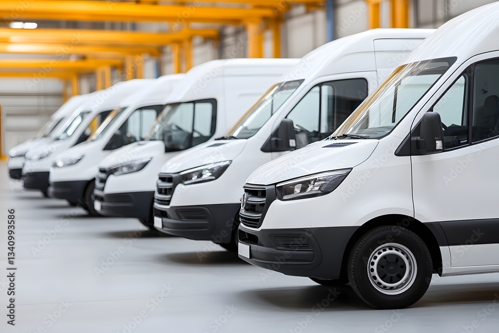 Fototapeta premium Row of white commercial delivery vans in a modern warehouse