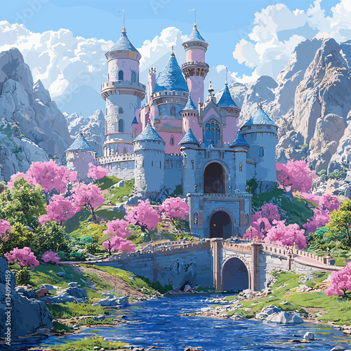 A breathtaking vector illustration of a fairy tale castle surrounded by pink cherry blossoms, majestic mountains, and a flowing river, creating a magical and enchanting fantasy scene