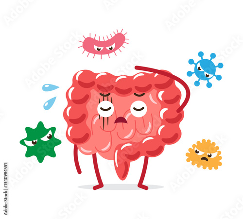 Gastroenteritis . Intestine cartoon character with bacterial cell . White isolated background . Vector .