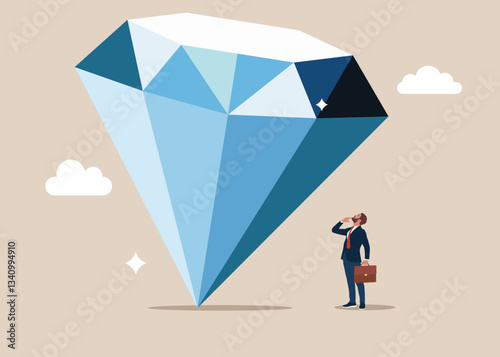 Businessman look high at big diamond. Diamond price soaring sky high hit new high record concept. High global inflation. FED interest rate hike. Floating interest. Flat vector illustration