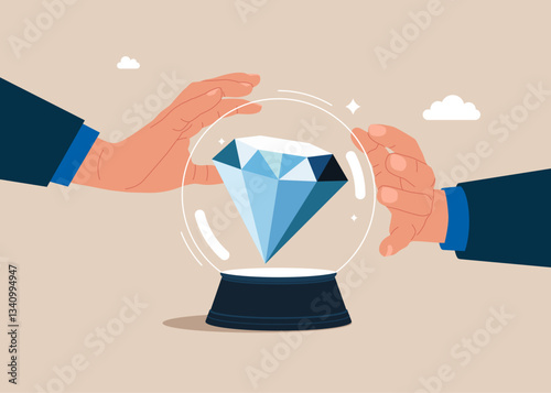Crystal magic ball with a diamond. Business forecast, investment stock market prediction. Concept of growth and investment. Modern vector illustration in flat style 