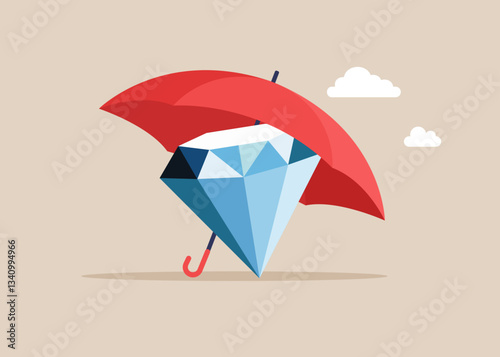 Diamond under umbrella. Business income protection. Vector illustration