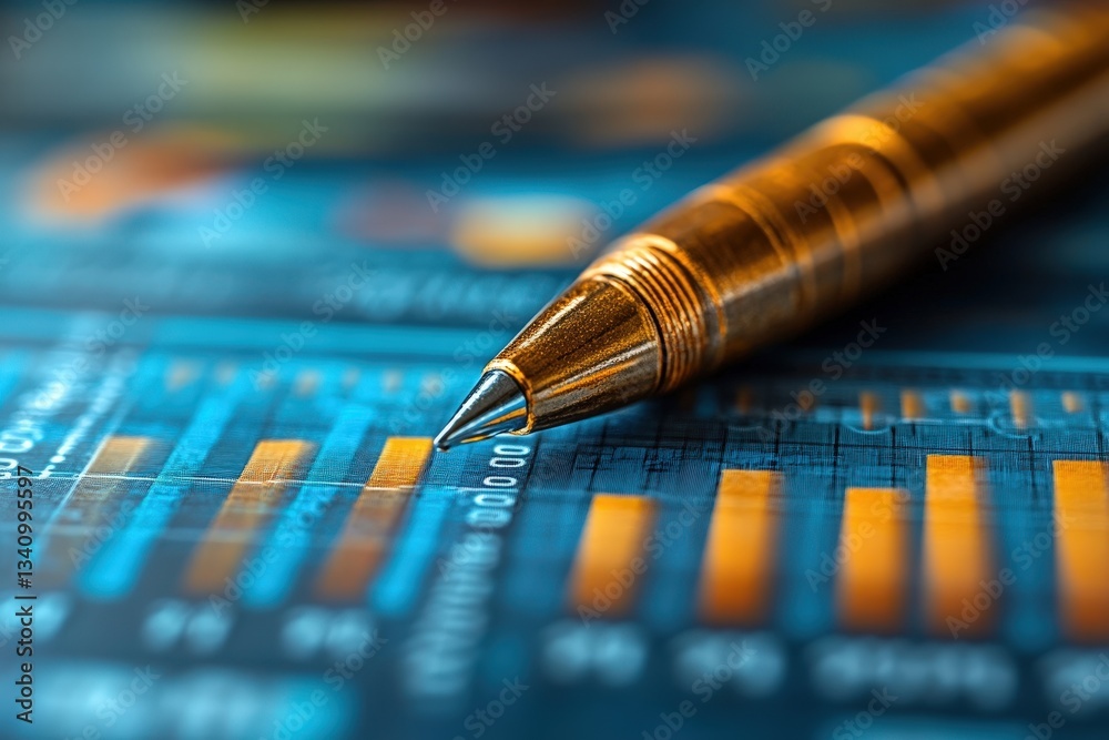 Fototapeta premium Analyzing Key Performance Indicators With a Pen on a Bar Graph for Strategic Business Decisions and Departmental Comparisons