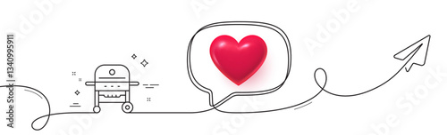 Gas grill line icon. Continuous line with share plane. Barbecue cooker for cooking food sign. Meat brazier symbol. 3d heart in speech bubble. Gas grill single line ribbon. Loop curve pattern. Vector