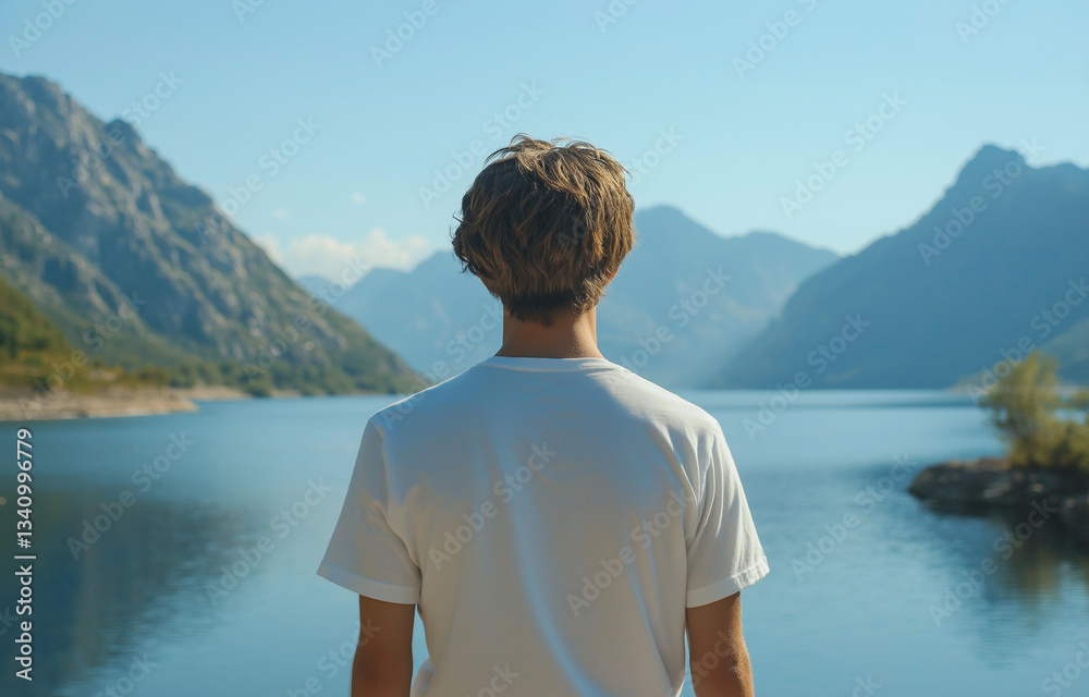 Fototapeta premium A young man in a white t-shirt standing near a lake and mountains