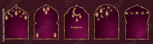 Ramadan or Al-Adha background. Islamic windows, mosque doors, holiday frames. Golden decoration. Lanterns, crescent, stars. Traditional muslim pattern. Vertical format for cards.