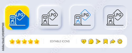 Gas station line icon. Neumorphic, Flat shadow, 3d buttons. Filling station sign. LPG fuel symbol. Line gas station icon. Social media icons. Vector