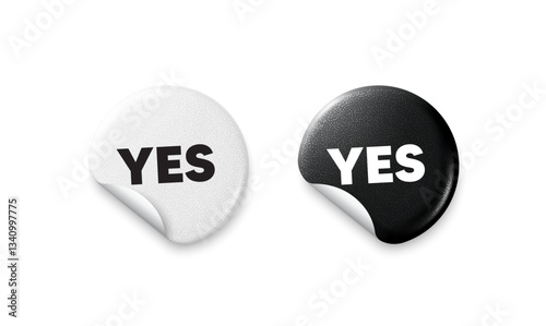 Yes sticker tags. Glitter paper price badge. Yes text tag. Approved ok message. Done or Good deal symbol. Offer round sticker. Promo banner. Vector
