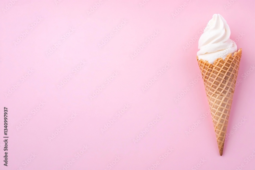 Vanilla ice cream cone on pastel pink background. Minimalistic design with free space for text or branding. Image for advertising, summer themes, dessert promotions and food related content Vanilla ice cream cone on pastel pink background. Minimalistic design with free space for text or branding. Image for advertising, summer themes, dessert promotions and food related content