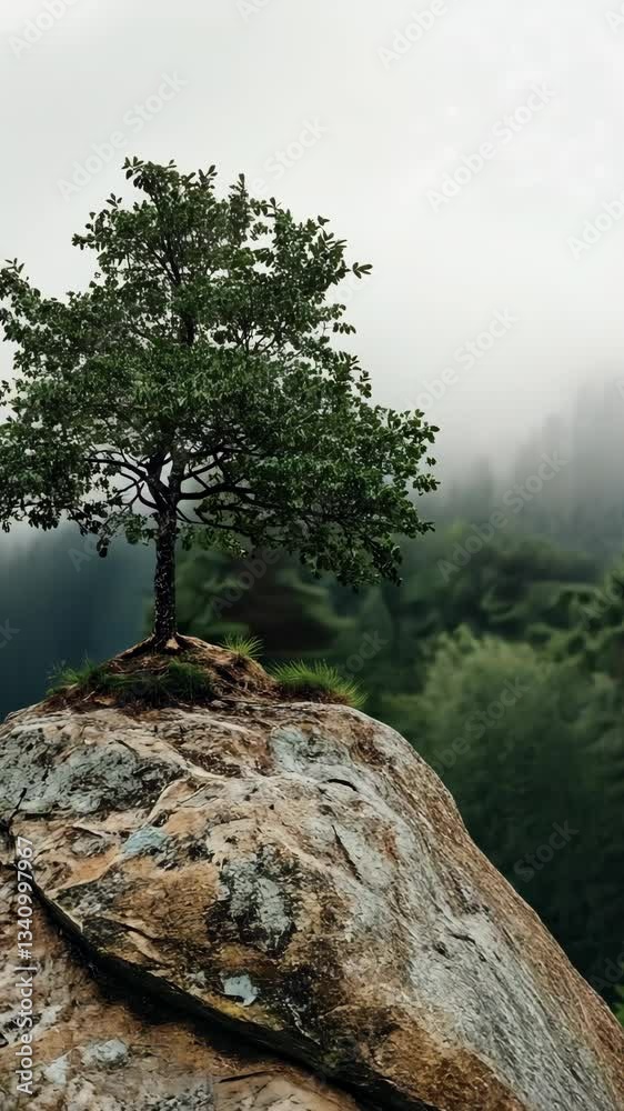 Lonely tree stands on rocky outcrop surrounded by misty forest during overcast morning Lonely tree stands on rocky outcrop surrounded by misty forest during overcast morning
