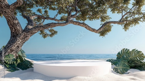 Round White Podium Display on Beach with Lush Greenery and Sea View