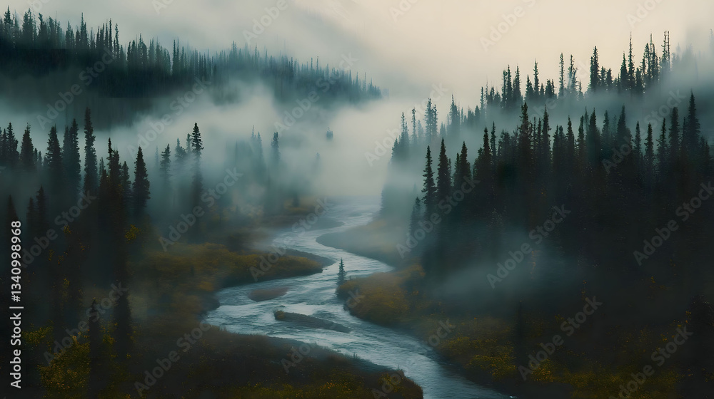 Fototapeta premium Misty River in the Enchanting Forest