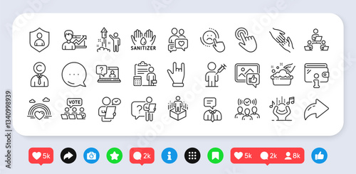 Success business, Augmented reality and Like photo line icons pack. Social media: share, comment, like icons. Search employee, Wallet, Hand sanitizer web icon. Vector