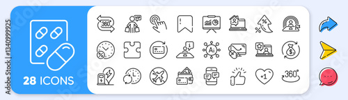Work home, 360 degree and Cursor line icons. Interest rate, AI generate, Inflation icons. Pack of Airplane mode, Online rating, Change money icon. Vip shopping, Renew card, Puzzle pictogram. Vector