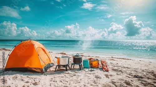 Vibrant Beach Camping Setup with Cooking Gear and Scenic View