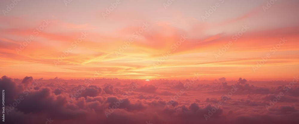 Obraz premium Soft pink and orange sunset sky panorama, light fluffy clouds, dreamy background, sky, evening