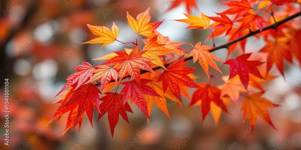 Vibrant red, orange, and yellow maple leaves cluster on a branch against a blurred background, orange, yellow leaves Vibrant red, orange, and yellow maple leaves cluster on a branch against a blurred background, orange, yellow leaves