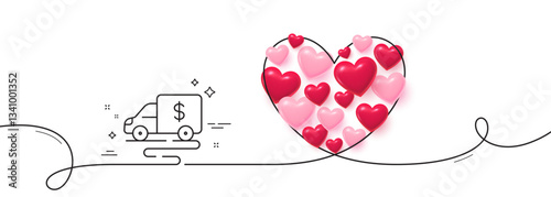 Cash transit line icon. Continuous line big heart. Money collector truck sign. Cash collection machine symbol. 3d hearts in heart shaped loop. Cash transit single line ribbon. Vector
