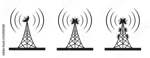 Wireless communication signal connection tower vector icon, and others. Vector illustration