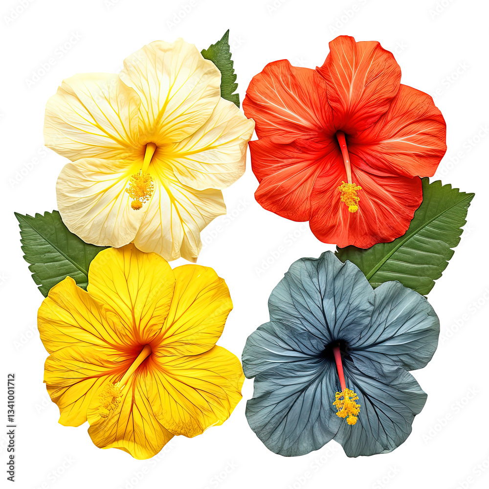 four different color hibiscus flower in yellow isolated on transparent background Remove png, Clipping Path four different color hibiscus flower in yellow isolated on transparent background Remove png, Clipping Path