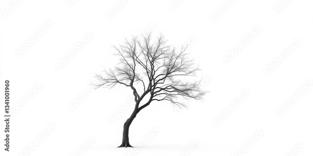 Obraz premium A solitary tree stands against a pure white backdrop, branches reaching skyward, forest, single tree