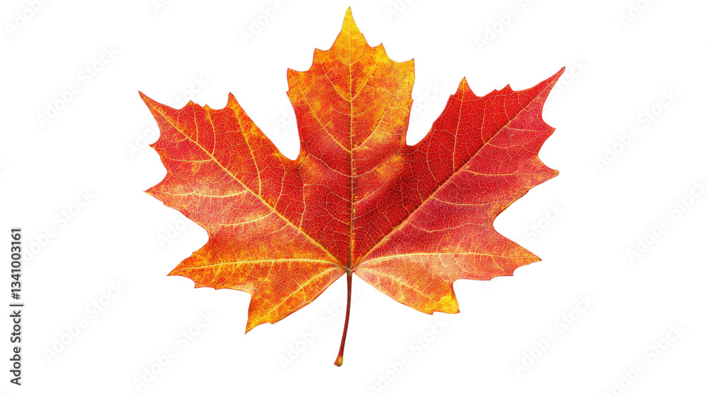 Vibrant autumn maple leaf showcasing brilliant red and orange hues against a clean white backdrop Vibrant autumn maple leaf showcasing brilliant red and orange hues against a clean white backdrop