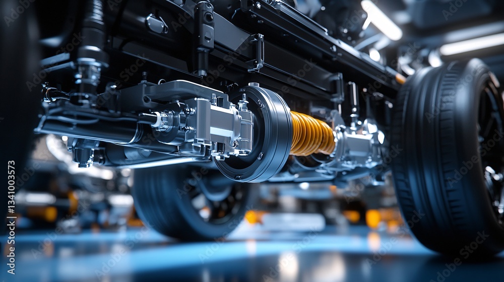 Fototapeta premium Close-Up of Adaptive Air Suspension System with Hydraulic Actuators and Precision Valve Controls Adjusting Ride Height