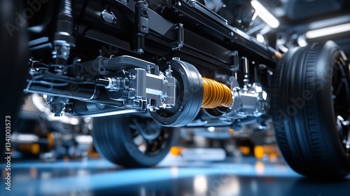Close-Up of Adaptive Air Suspension System with Hydraulic Actuators and Precision Valve Controls Adjusting Ride Height