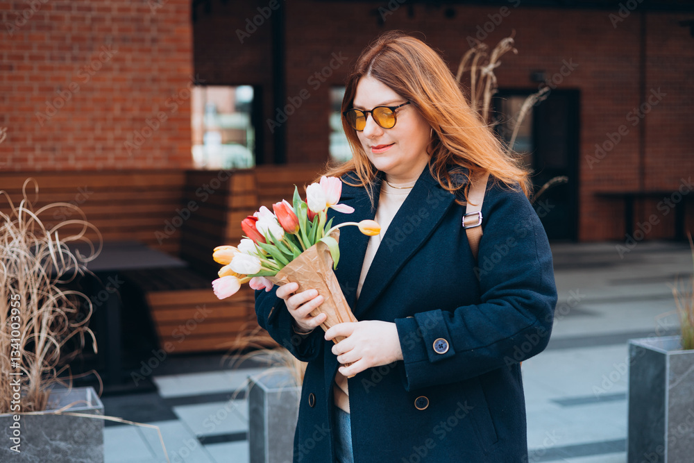 Beautiful young woman with spring tulips flowers bouquet walking at city street. Happy girl posing outdoors. Spring portrait of pretty female on urban background. High quality photo.