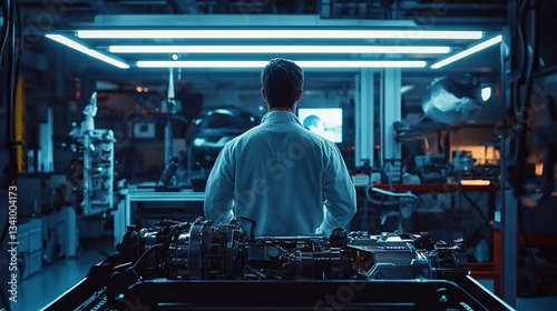 Close-Up of an Automotive Engineer in Workshop Uniform Inspecting a New Engine from Behind