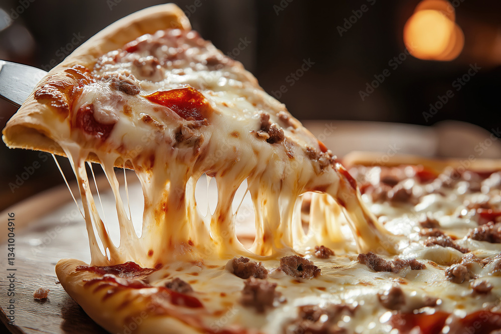 Delicious cheese pizza being served with melting mozzarella
