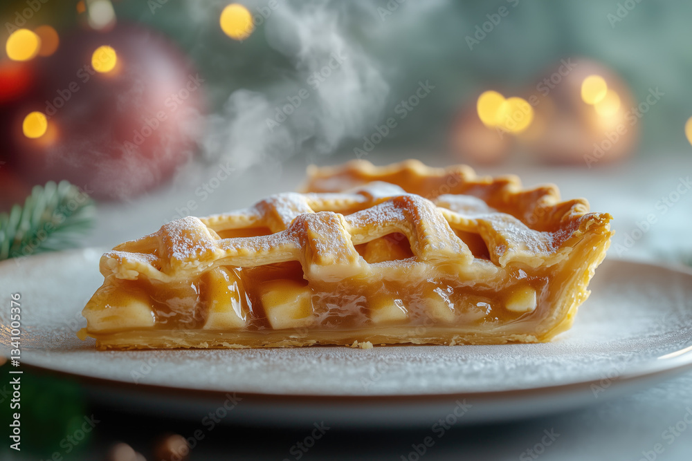 Delicious slice of apple pie with festive decorations during the holiday season