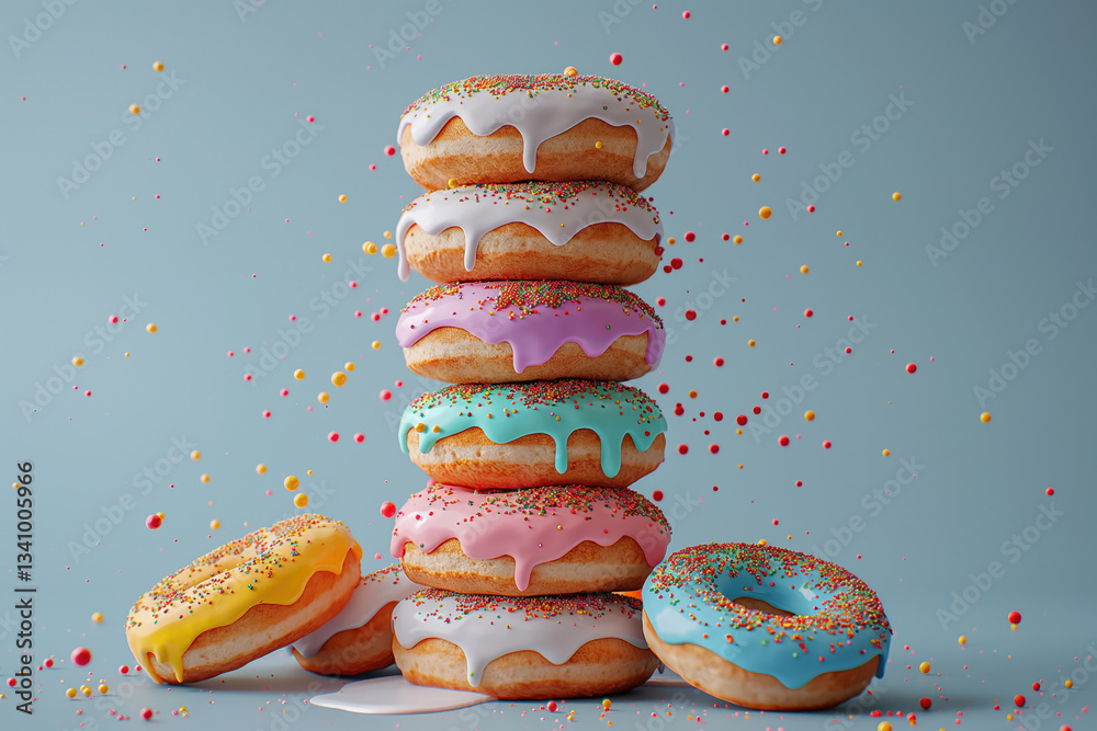 Colorful donuts stacked on a blue background