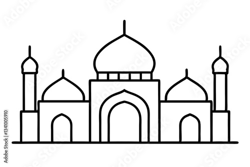 Minimalist mosque with domes and minarets line art vector illustration.