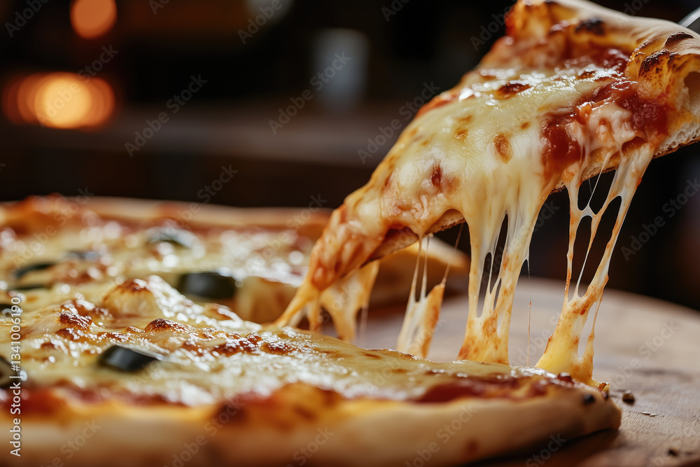 Delicious cheese pizza being served with melting mozzarella