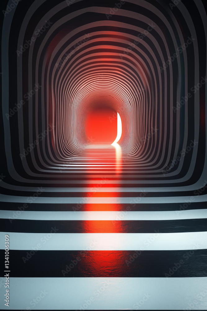 Intriguing red glow illuminates a surreal striped tunnel