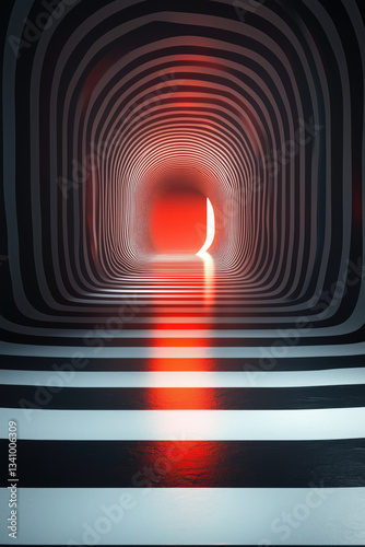 Obraz na płótnie Intriguing red glow illuminates a surreal striped tunnel w salonie